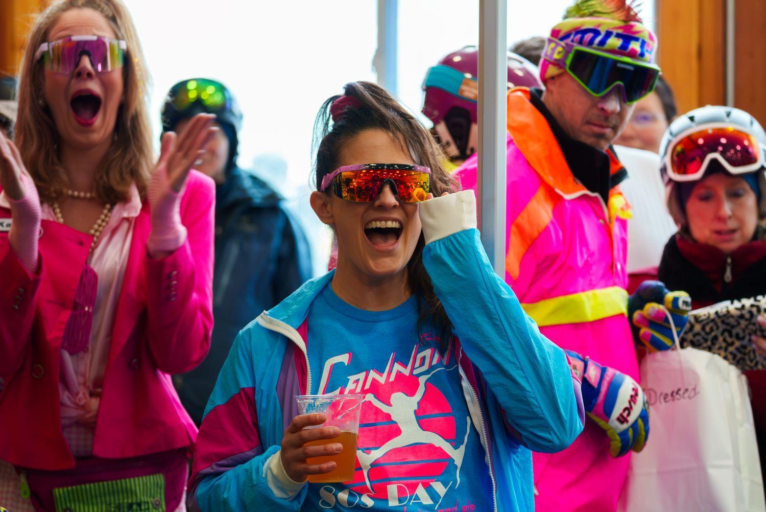 excited crowd in 80s gear